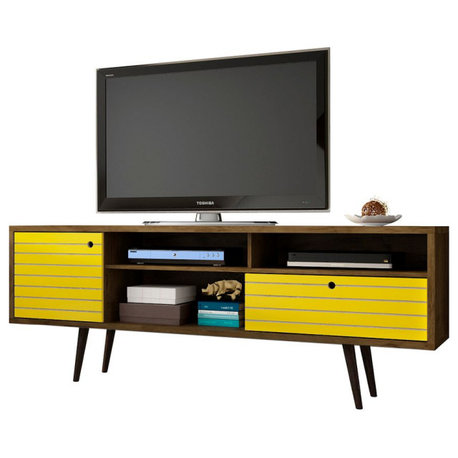 Manhattan Comfort Liberty Mid-Century TV Stand 4 Shelves 1 Drawer, Rustic Brown/Yellow