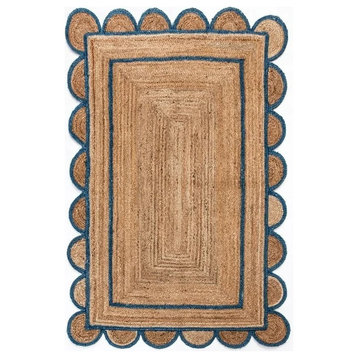 Farmhouse Area Rug, Natural Jute & Rounded Accented Edge, Blue, 7' Square