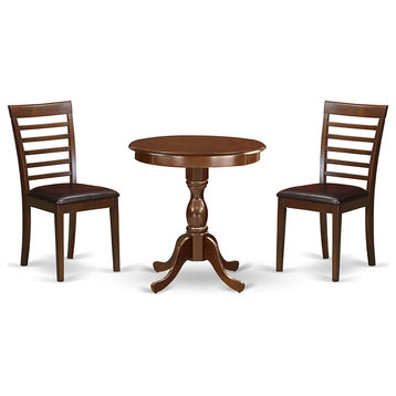 3 Pieces Dining Set, Round Table & Chairs With Ladder Back, Faux Leather Seat
