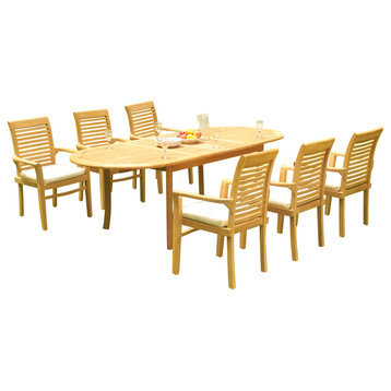7-Piece Outdoor Teak Dining Set: 94" Oval Extn Table, 6 Mas Stacking Arm Chairs