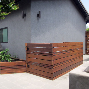 Réalisation d'un jardin arrière design l'été avec une exposition ensoleillée.