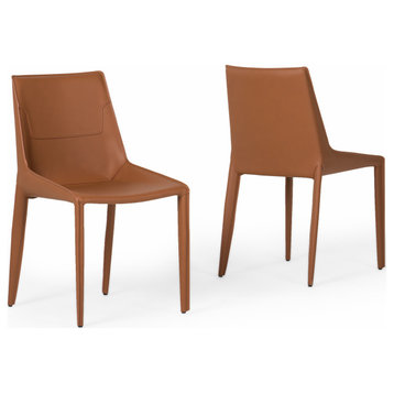 Modrest Halo Modern Cognac Saddle Leather Dining Chair, Set of 2