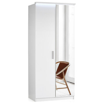 Roma LED Freestanding Wardrobe Cabinet Mirrored, Gloss White, 2 Door
