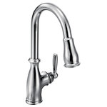 Moen - Moen Brantford 1-Handle High Arc Pulldown Kitchen Faucet, Chrome - Brantford kitchen and bar/prep faucets make a traditionally styled space feel truly finished. The spout enhances the curvature of the faucet body and handle for a beautiful, polished look. The pulldown spray wand offers Moens exclusive Power Boost technology for improved functionality at your fingertips.