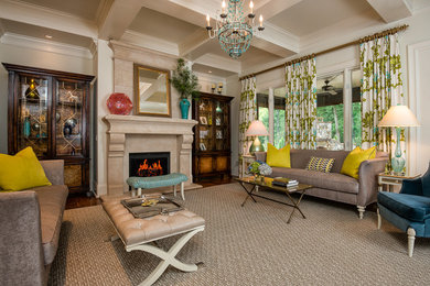 Example of a large classic formal and open concept dark wood floor living room design in Charlotte with white walls, a standard fireplace and a stone fireplace
