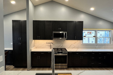 Enclosed kitchen - mid-sized transitional galley enclosed kitchen idea in Chicago with shaker cabinets, black cabinets, quartz countertops and quartz backsplash