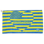 Hilaire Productions - Boston Strong Sports Towel, Four Star - This patented towel is made of cotton with a "Boston Strong" heart and star print in blue and yellow. Its size makes it ideal as a workout towel for at home or on the go. It has a clip attachment in its corner for easy transportation and storage as well as a hidden and water-resistant zippered storage pocket. Conceal your phone, iPod, keys, wallet, and anything else while on-the-go.