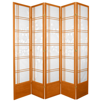 Traditional Room Divider, Elegant Design With Bamboo Painting, Yellow/5 Panels