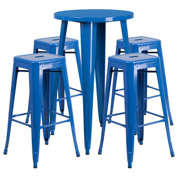 24" Round Blue Metal Bar 5-Piece Table Set With 4 Square Seat Backless Stools