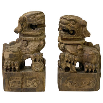 Pair Chinese Hand-carved Vintage Wood Fengshui Foo Dog Figures Hws3382