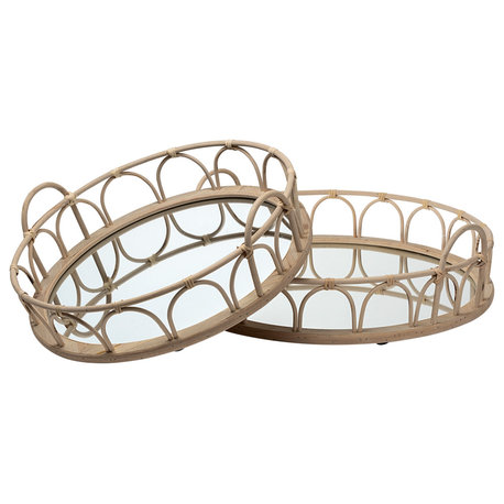 Leona Brown Wicker Mirrored Base Nesting Trays, Set of 2