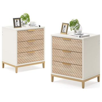 Set of 2 Nightstand, 3 Drawers With Lineal Pattern and Metal Pulls, White Brown