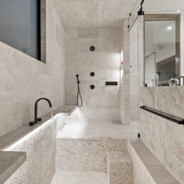 Modern Luxury Lakehouse Master Bath Luxury Spa-Like Wet Room with Integrated Sho