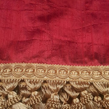 Red Dupioni Silk with Gold Tassel Trim custom draping
