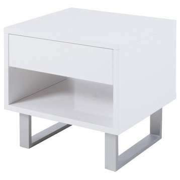 Contemporary Storage End Table With Metallic Base, Glossy White