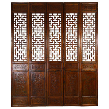 Consigned Chinese Antique Handcraft 5 Panels Wooden Screen/Room Divider