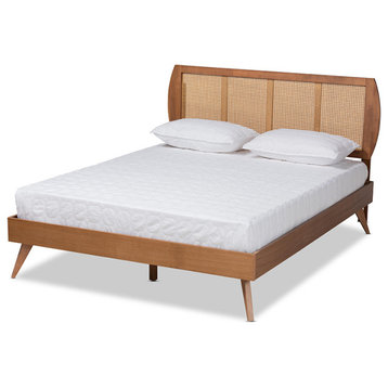 Rosalee Mid-Century Modern Walnut Brown and Synthetic Rattan Platform Bed, Full