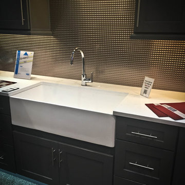 White Quartz with White Farmhouse Sink