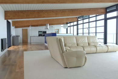 Large contemporary open concept living room in Other with white walls and medium hardwood floors.