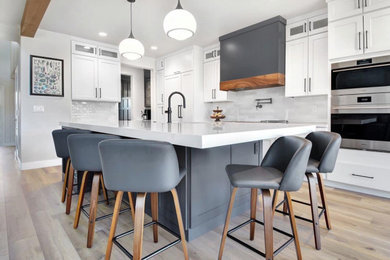 Large transitional l-shaped open concept kitchen photo in Other with shaker cabinets, white cabinets, white backsplash, an island and white countertops