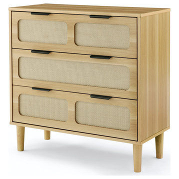 TATEUS 3 drawer dresser, modern rattan dresser cabinet, Natural