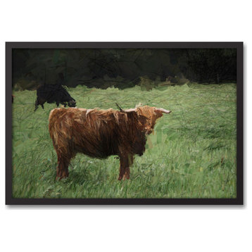 Painted Sketch Hairy Cow 30x20 Black Framed Canvas