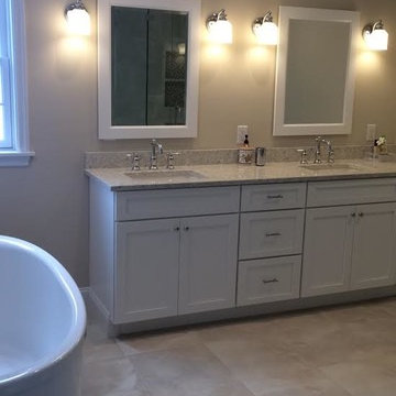 Contemporary Latte Bathroom Remodel with Darlington Quartz Counter top