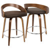 Grotto Counter Stool With Swivel in Walnut With Brown Faux Leather, Set of 2