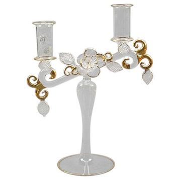 GlassOfVenice Murano Glass Cristallo and Gold Double Candle Holder