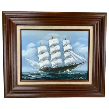 Vintage Oil Painting On Canvas Full Sail Open Ocean