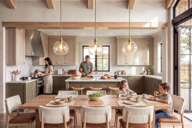 Kitchen/dining room combo - large contemporary light wood floor, beige floor and exposed beam kitchen/dining room combo idea in San Francisco with white walls and no fireplace