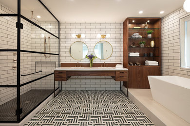 Photo of a midcentury master bathroom in Vancouver with a freestanding tub, white tile, ceramic tile, white benchtops, dark wood cabinets, engineered quartz benchtops, a drop-in sink and multi-coloured floor.