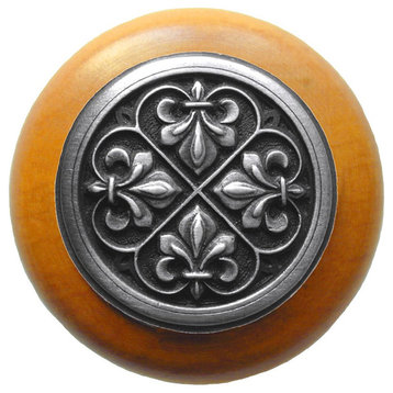 Fleur-De-Lis Maple Wood Knob, Antique-Style Pewter
