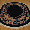 Art Deco Black Oval Chinese Rug Floral Design 6'x9' Hand Knotted