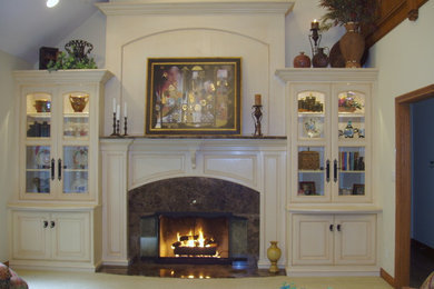 Mid-sized elegant formal and open concept carpeted living room photo in Indianapolis with white walls, a standard fireplace, a wood fireplace surround and no tv