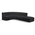 Meridian Furniture - Arc Vegan Leather Upholstered 5-Pc. L-Shaped Modular Sectional, Black - Unleash modern opulence with the Arc Vegan Leather 5pc. Sectional. Crafted for the modern connoisseur, this Sectional injects an air of refined luxury into any space. Its sleek silhouette, upholstered in supple black vegan leather, exudes timeless sophistication while the deep channel tufting adds textural intrigue, further elevating the chair's visual appeal. The modular design makes it a versatile chameleon, effortlessly adapting to your evolving needs and preferences. Whether you envision it gracing a chic living room corner, basking in the glow of a bedroom window, or adding a touch of drama to a home office, the Arc seamlessly complements your unique interior aesthetic.