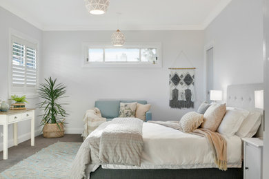 This is an example of a large contemporary guest bedroom in Sydney with white walls, carpet and brown floor.