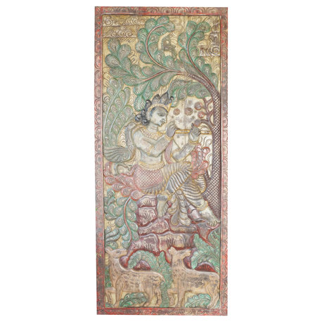 Consigned Vintage Wood Colorful Fluting Krishna Accent Wall Decor Panel 83x36