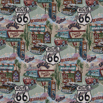 Route 66 Motels Diners Gas Pumps Theme Tapestry Upholstery Fabric By The Yard