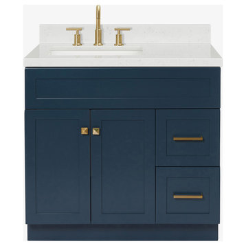Ariel Hamlet 36" Single Left Rectangle Sink Bathroom Vanity, Carrara Quartz, Midnight Blue