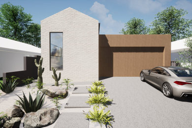 Foto de fachada de casa minimalista de tamaño medio de una planta con ladrillo pintado, tejado plano y tejado de metal