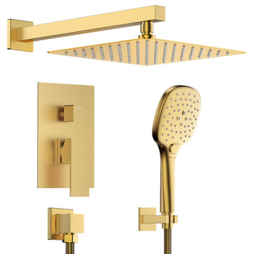 Rain Shower System 10"Wall Mount Shower Head with 3 Setting Handheld Shower Set, Brushed Gold