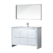 Allier 48" White Modern Bathroom Vanity, Mirror, Bevera Chrome Faucet