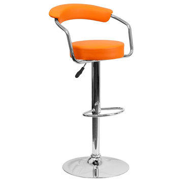 Contemporary Orange Vinyl Adjustable Barstool With Arms and Chrome Base
