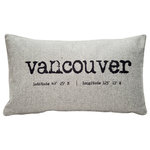 Pillow Decor - Vancouver Gray Felt Coordinates Pillow 12x19, with Polyfill Insert - Vancouver and its geographic coordinates are printed across this throw pillow in an old typewriter typeset. The gray-taupe font contrasts nicely against the light gray felt fabric giving the pillow a beautiful vintage look and feel. The Vancouver Coordinates Pillow is a perfect size for a stand alone chair in a den, office, or living room or would make a nice finishing touch on a bed or window seat.. FEATURES:
