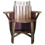 Master Garden Products - Wine Barrel Chair - Our Wine barrel chair makes a unique and wonderful addition to any home or business. Made from authentic recycled wine barrels, it is suitable for both indoor and outdoor use. Featuring a built-in backrest, this chair is comfortable, and is durable so it will last many years.  Each individual item's appearance and color tone may vary due to the reclaimed barrel material used in the product. The chair is 36" H, 33.5" W and 21" Deep. The seat is 19"H and 18" deep. The armrests are 7"H from the seat. Lacquer finished to enhance its appearance, as well as for extra protection.  A beautiful, rustic addition to your home or bar.