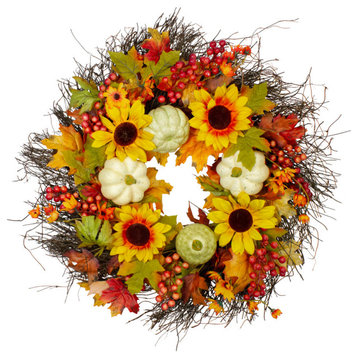 Sunflowers and Gourds Fall Harvest Artificial Wreath, 26", Unlit