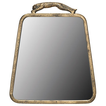 Antique Metal Wall Mirror With Leopard Handle, Gold