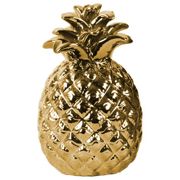 Ceramic Pineapple Figurine With Polished Chrome Finish, Gold, 5"x5"x9"