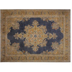 Bareens Designer Rugs - Boho Chic Distressed Sommers Grey/Gold Wool Rug - 9'10'' x 12'11'' - A mesmerizing addition to any decor, this brand-new hand knotted vintage wool rug featuring vibrant colors and a traditional design is made by skilled artisans capable of creating the most exceptional Persian knotted rugs. Harnessing the natural energy of the sun, each rug is organically neutralized from its original color, distressed and then saturated in an infusion of a bold vibrant color pallet to give it a fresh perspective and modern appeal. This masterpiece draws its inspiration from traditional and timeless rug designs, which provides both harmony and contrast bringing a phenomenal twist in any decor. An intricate design and exquisite coloration make this wool rug a standout piece for any room.